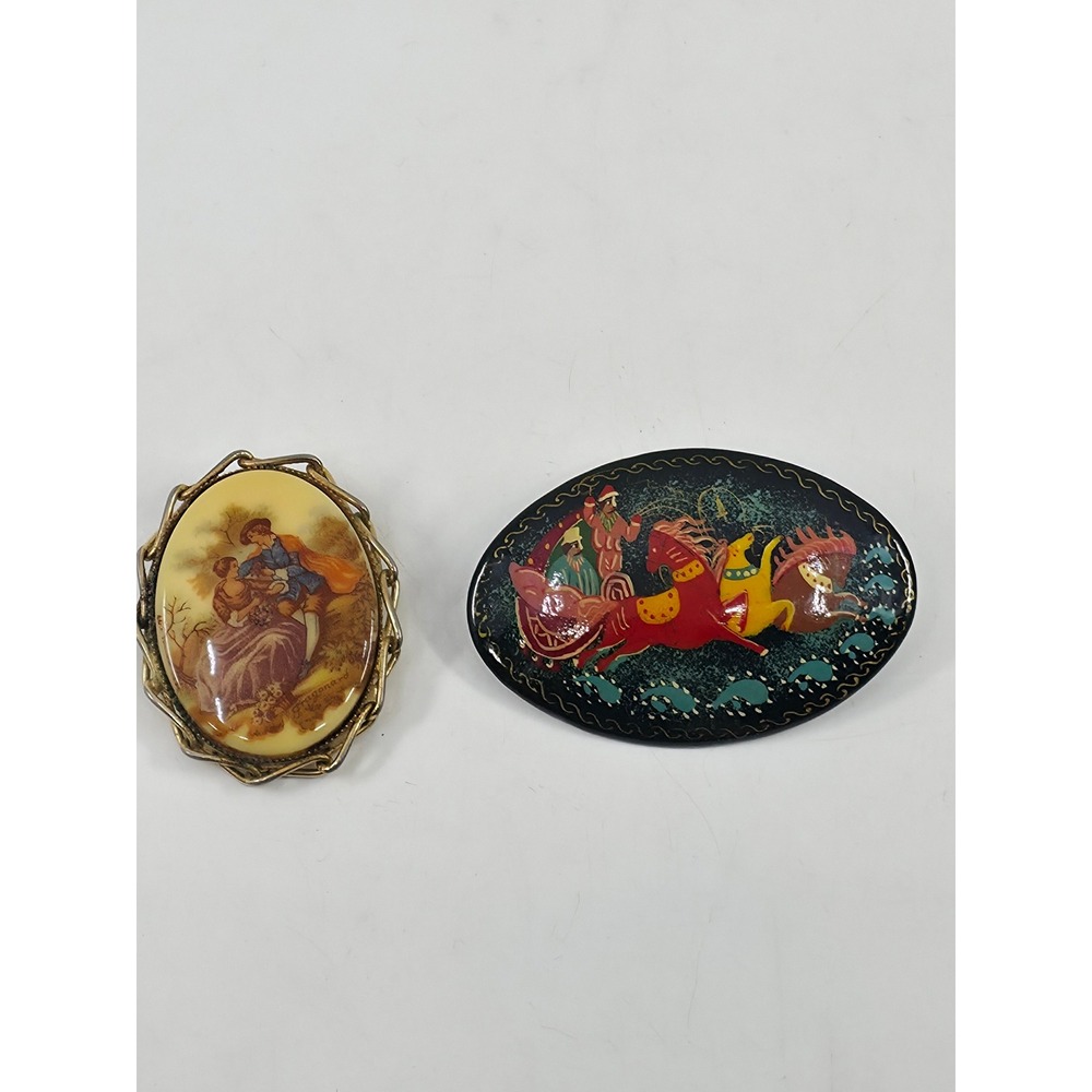 Vintage Fragonard Limoges Style & Russian Mstera Troika Lacquer Brooch Pin Lot 2